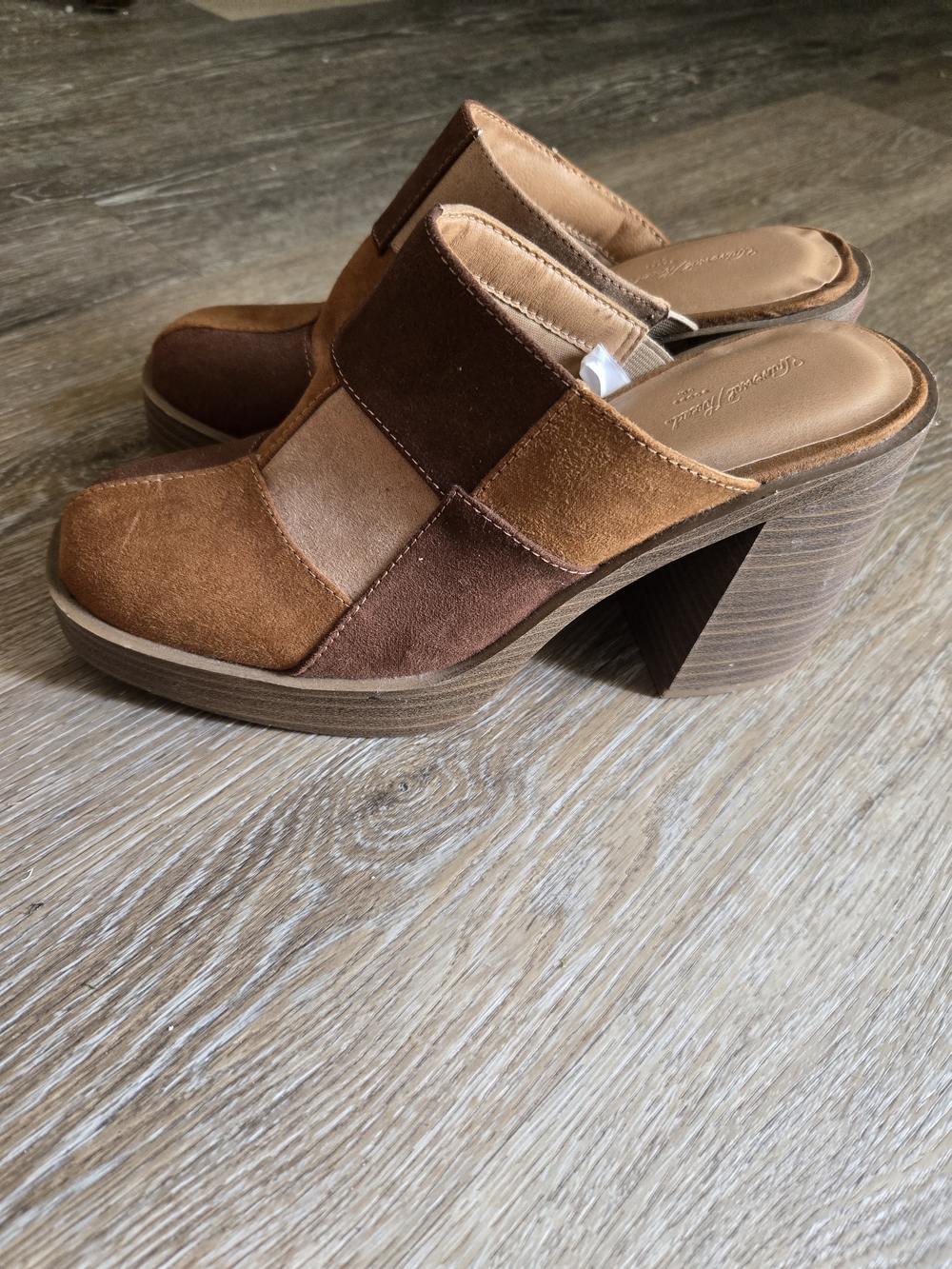 Universal Thread Patchwork Suede Mules in Brown and Tan - Picture 3 of 4